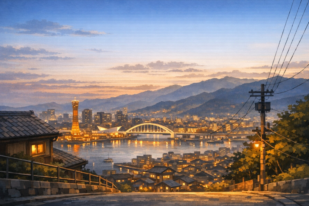 A quiet, wide view of Kobe from a hillside at dusk, representing the "Kobe art" philosophy in the kodiad metaverse project, with soft city lights and mountains fading into the evening.
