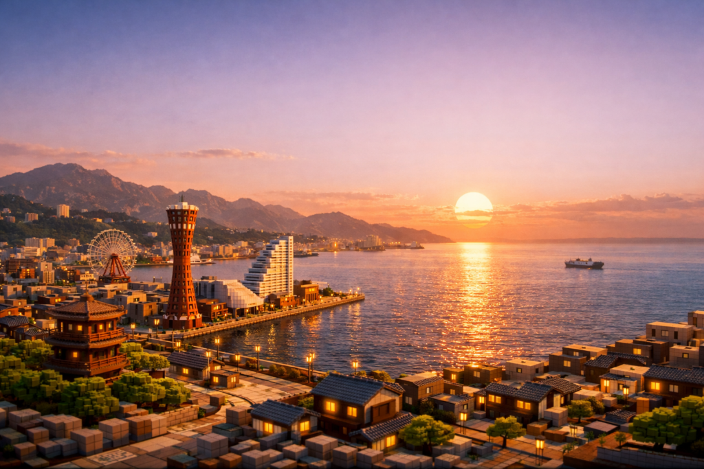 A stylized diorama-style view of a voxel-art Kobe city in The Sandbox, showing the contrast between miniature buildings and a vast, calm ocean under a soft sunset light.