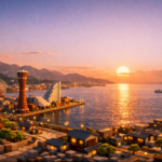A stylized diorama-style view of a voxel-art Kobe city in The Sandbox, showing the contrast between miniature buildings and a vast, calm ocean under a soft sunset light.