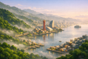 Voxel art of Kobe's lush green mountains meeting the urban cityscape in The Sandbox, with a soft morning mist representing the scent of the earth and the wind.