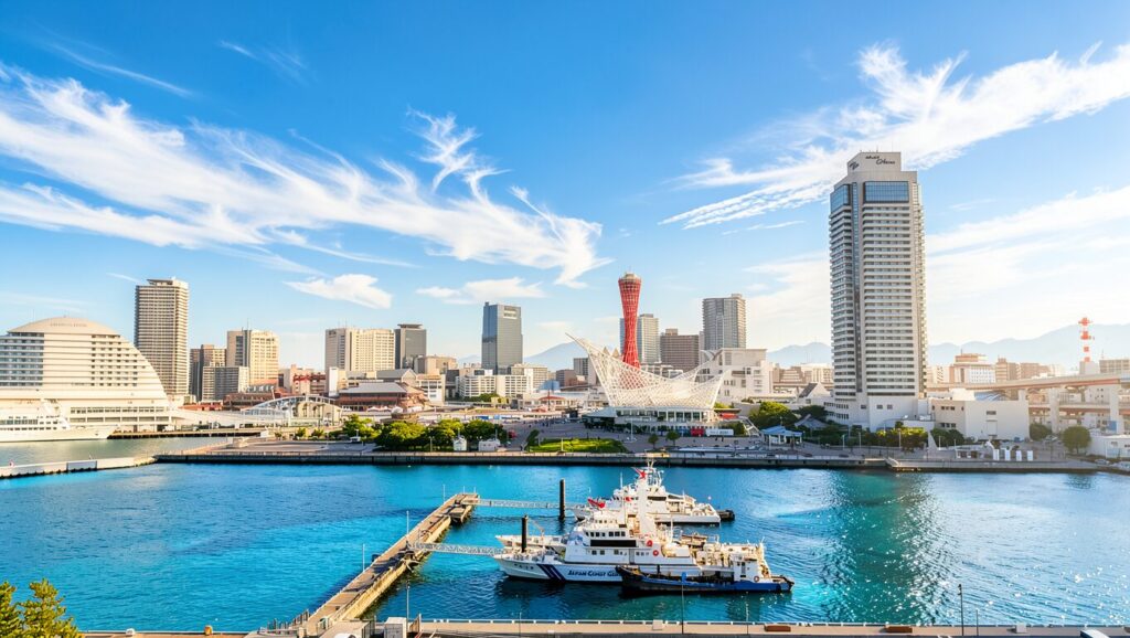A professional Kobe guide to Meriken Park and Harborland, featuring the red Port Tower and sail-shaped Museum as an inspiration for Kobe Art and the Kobe Metaverse.