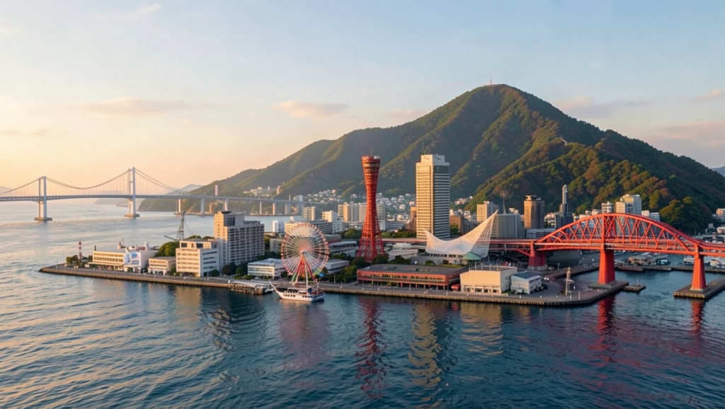 A panoramic digital art of Kobe, Japan, featuring landmarks from Akashi Kaikyo Bridge to Mt. Rokko, showcasing the city's unique Vertical Rhythm.