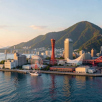 A panoramic digital art of Kobe, Japan, featuring landmarks from Akashi Kaikyo Bridge to Mt. Rokko, showcasing the city's unique Vertical Rhythm.