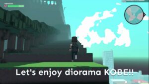 A voxel character explores a diorama-style recreation of Kobe in The Sandbox, featuring a calm atmosphere and soft light that reflects the city's "quiet rhythm." The image captures the philosophy of building Kobe as a memory rather than a replica. Text on the image reads "Let's enjoy diorama KOBE!!"