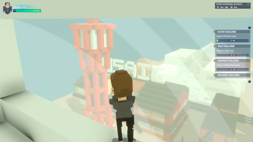 A voxel character overlooking the harbor from a high-floor hotel window in The Sandbox. The red Tower, the BUSAIC sign, and emiu are visible through the glass.