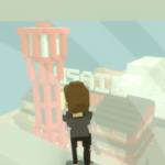 A voxel character overlooking the harbor from a high-floor hotel window in The Sandbox. The red Tower, the BUSAIC sign, and emiu are visible through the glass.