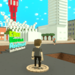 A voxel character standing at the new spawn point in KOBE Diorama Adventure. A colorful "KOBE Diorama Adventure" sign and the red Port Tower are visible, welcoming players to the experience.