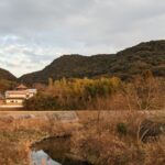 A serene rural scene in Nishi-ku, Kobe, featuring a quiet river and lush mountains. This landscape serves as the primary inspiration for the Nishi-ku area in the kodiad metaverse, capturing the "Architecture of Silence."