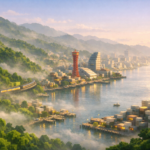 Voxel art of Kobe's lush green mountains meeting the urban cityscape in The Sandbox, with a soft morning mist representing the scent of the earth and the wind.