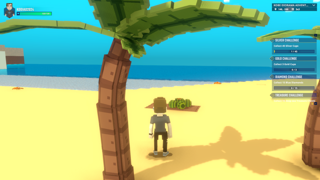 Voxel art of Suma Beach in the Kobe metaverse (kodiad) featuring a watermelon on the sand, a small crab, and the gateway to an underwater adventure in The Sandbox.
