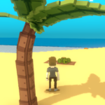 Voxel art of Suma Beach in the Kobe metaverse (kodiad) featuring a watermelon on the sand, a small crab, and the gateway to an underwater adventure in The Sandbox.
