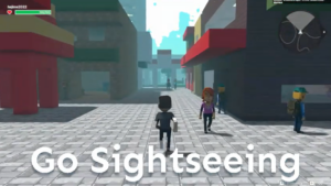 An avatar runs through a diorama-style street in KOBE Diorama Adventure (kodiad) on The Sandbox, with 'Go Sightseeing' text overlaying the voxel architecture.