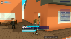 A gameplay screenshot of kodiad in The Sandbox showing a character interacting with a restaurant dialogue box, capturing the calm atmosphere of Kobe's hospitality in voxel art.