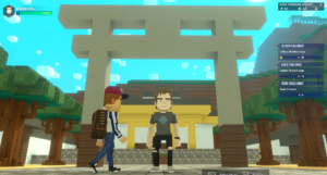 A large white Torii gate recreated in The Sandbox metaverse, featuring avatars standing in a quiet shrine area of KOBE Diorama Adventure, representing the spiritual side of Kobe.