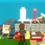 A voxel character standing on the green edge of Mount Rokko in The Sandbox, overlooking the Kobe cityscape including the red Tower and BUSAIC under a clear blue sky.