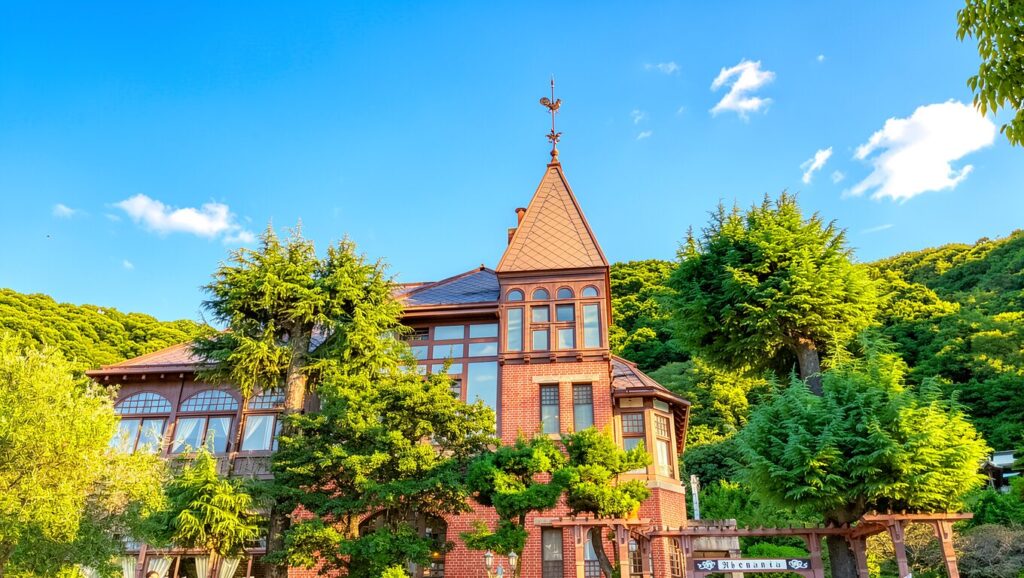 Kobe Guide to Weathercock House: The red brick facade in Kitano district under a blue sky.