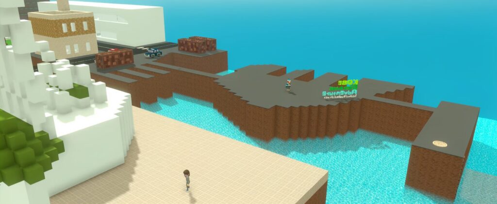 Building the Kobe Metaverse - Voxel Harbor Foundation
A foundational scene of Building the Kobe Metaverse in The Sandbox, showing the first blocks of blue harbor water, character-filled piers, and the emerging urban grid of kodiad.