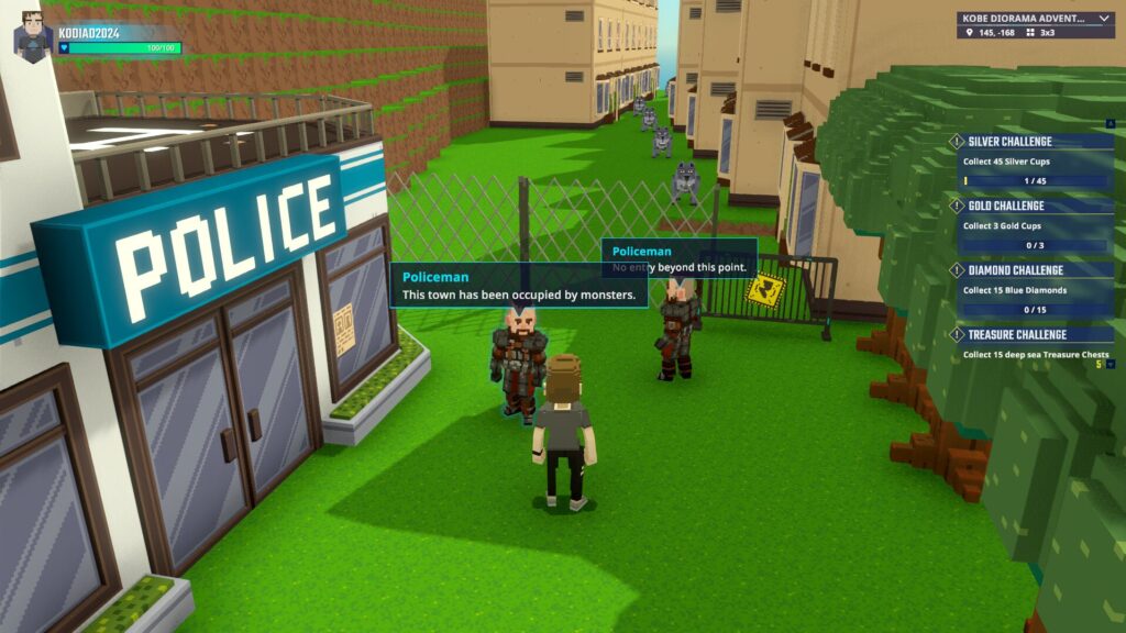 A high-tension fictional scene at the entrance of Suzurandai in Kita-ku Kobe, where voxel police guard a fenced gate against monsters for the kodiad project.