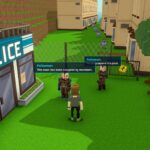 A high-tension fictional scene at the entrance of Suzurandai in Kita-ku Kobe, where voxel police guard a fenced gate against monsters for the kodiad project.