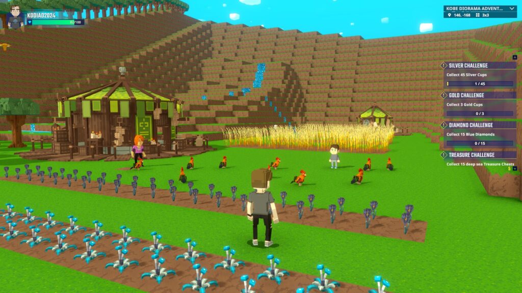 A serene diorama of Kobe Nishi-ku in The Sandbox featuring golden wheat fields, blue crops, and roosters, capturing the quiet rhythm of the earth for kodiad.