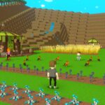 A serene diorama of Kobe Nishi-ku in The Sandbox featuring golden wheat fields, blue crops, and roosters, capturing the quiet rhythm of the earth for kodiad.