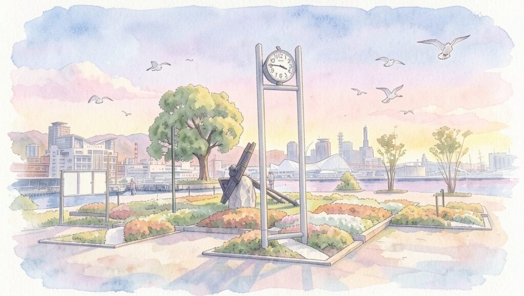 A professional Kobe art piece depicting the serene sunset at Kobe Port Earthquake Memorial Park with seagulls flying over the city skyline, capturing the Scent of Memory for the Kobe metaverse.