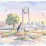 A professional Kobe art piece depicting the serene sunset at Kobe Port Earthquake Memorial Park with seagulls flying over the city skyline, capturing the Scent of Memory for the Kobe metaverse.