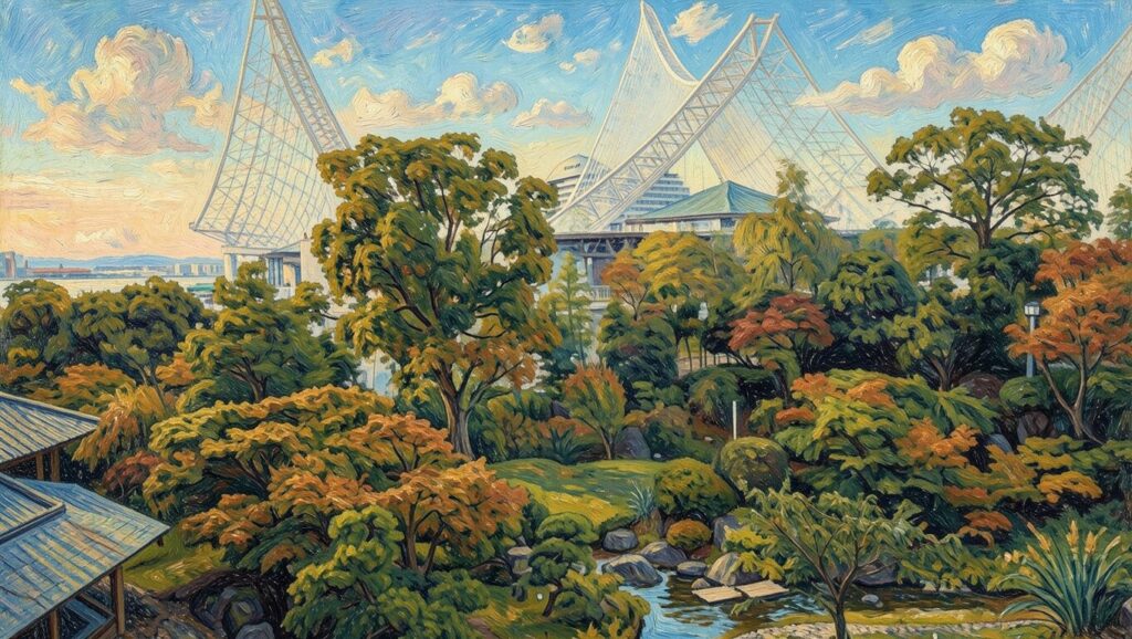 A professional Kobe Art piece featuring a peaceful garden with Kobe landmarks and the blue sea, capturing the Architecture of Silence for the Kobe Metaverse.