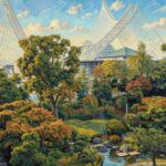 A professional Kobe Art piece featuring a peaceful garden with Kobe landmarks and the blue sea, capturing the Architecture of Silence for the Kobe Metaverse.