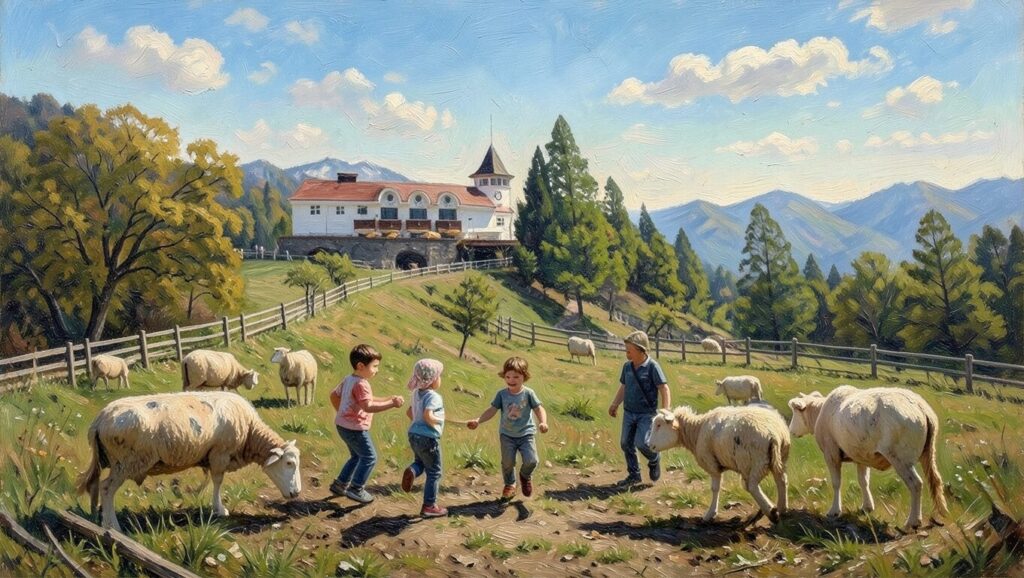 A professional Kobe art piece showing kids and sheep playing happily at Rokkosan Pasture under the sky, capturing the Vertical Rhythm for the Kobe metaverse.