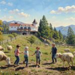 A professional Kobe art piece showing kids and sheep playing happily at Rokkosan Pasture under the sky, capturing the Vertical Rhythm for the Kobe metaverse.