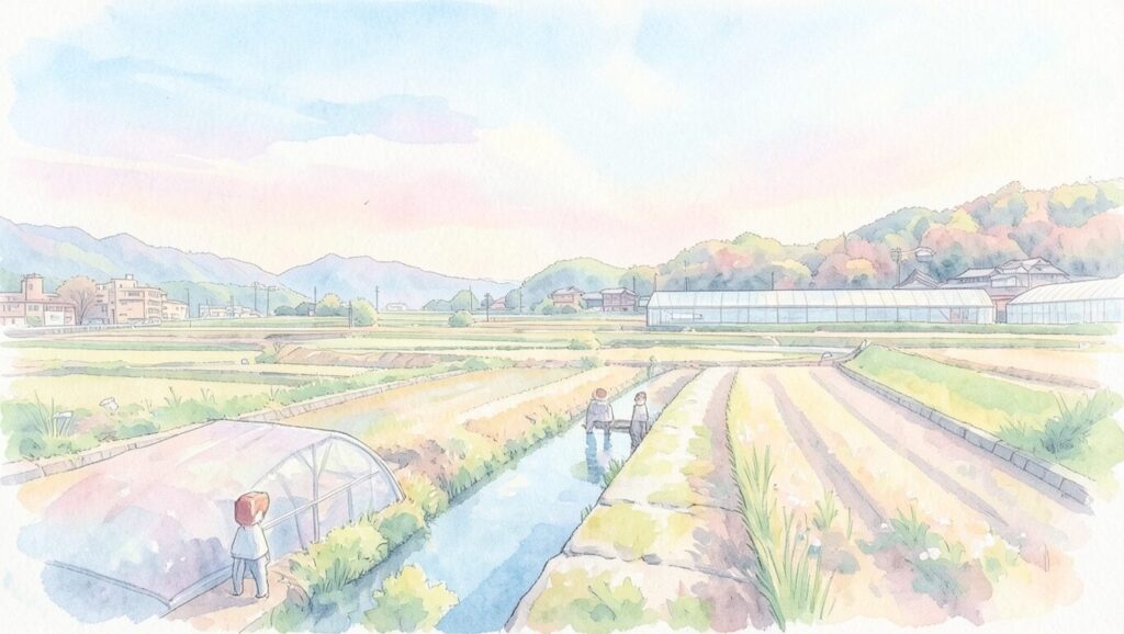 A professional Kobe art piece depicting the pastoral rural landscape of Nishi-ku, capturing the Architecture of Silence and earthy scent for the Kobe Metaverse.