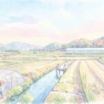 A professional Kobe art piece depicting the pastoral rural landscape of Nishi-ku, capturing the Architecture of Silence and earthy scent for the Kobe Metaverse.