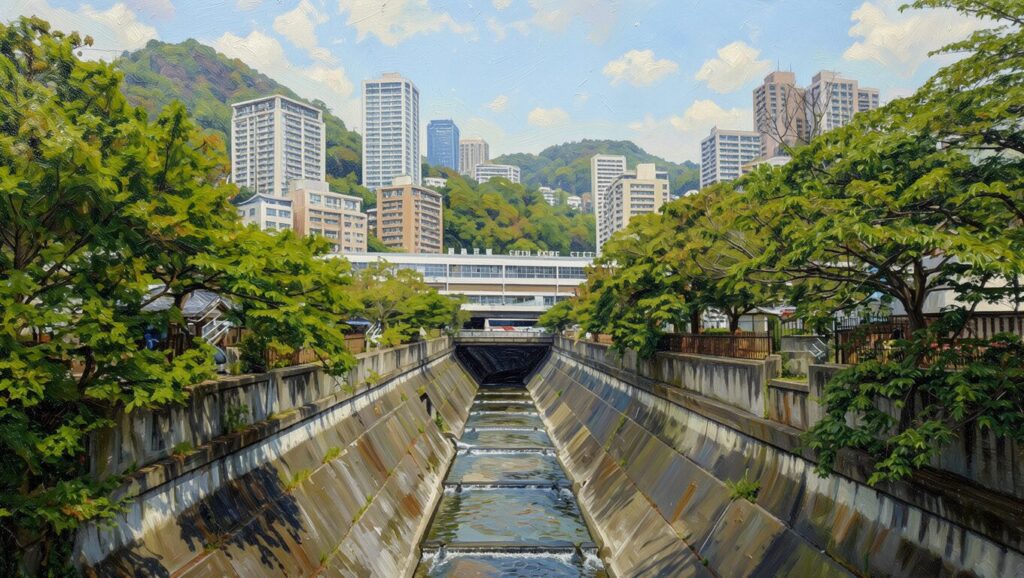 A professional Kobe art piece showcasing Shin-Kobe Station as an urban oasis where nature and high-rise apartments coexist, capturing the Scent of Memory for the Kobe Metaverse.