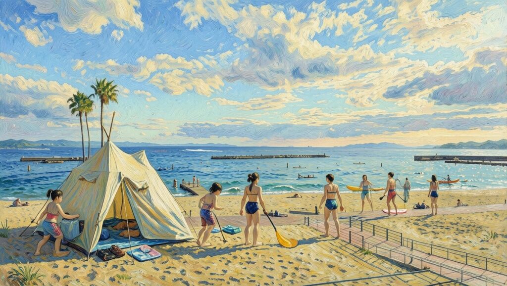 A professional Kobe art piece capturing the vibrant summer at Suma Beach with families in tents, youth in matching swimwear, and SUP paddlers under a vast blue sky for the Kobe metaverse.