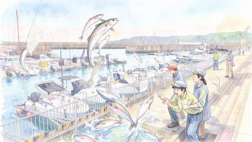 A professional Kobe art piece depicting energetic young fishermen and fresh jumping fish at the Suma waterfront, capturing the Scent of Memory for the Kobe Metaverse.