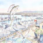 A professional Kobe art piece depicting energetic young fishermen and fresh jumping fish at the Suma waterfront, capturing the Scent of Memory for the Kobe Metaverse.