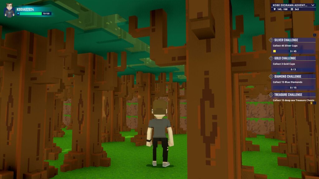 A mysterious wooden maze scene representing a forest adventure at the foot of Mt. Rokko in the kodiad project, featuring dense voxel trees and hidden paths in The Sandbox.