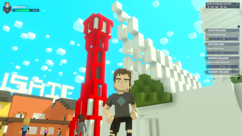 A vibrant view of Meriken Park in the Kobe metaverse featuring the red KOBE Tower and the Monster Museum.
