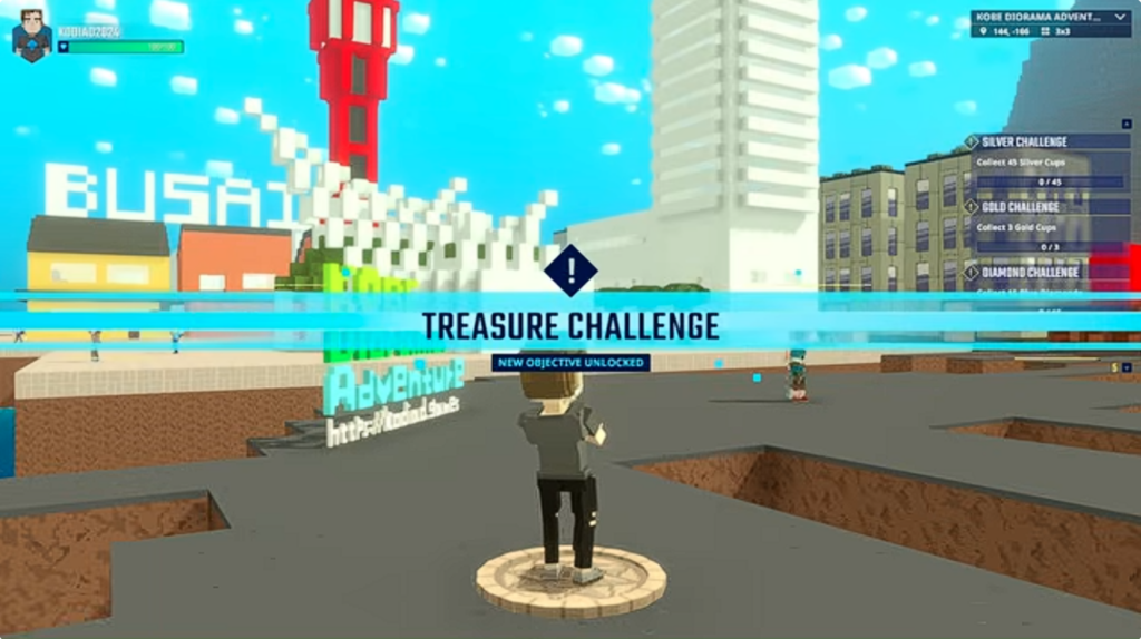 A voxel character diving beneath Suma Beach to begin an underwater treasure hunt in KOBE Diorama Adventure
