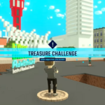 A voxel character diving beneath Suma Beach to begin an underwater treasure hunt in KOBE Diorama Adventure